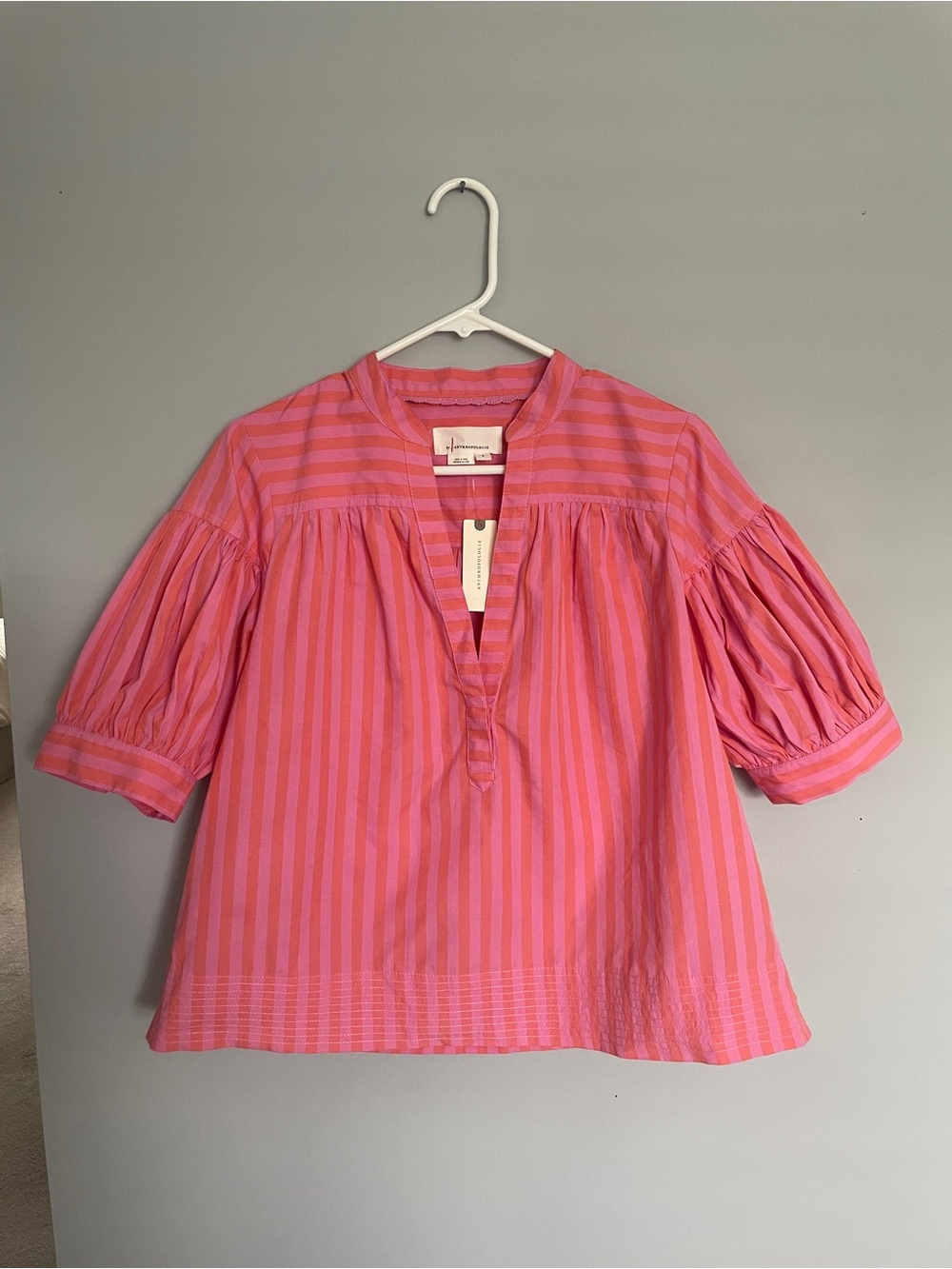 Anthropologie Pink Striped Puff-Sleeve Women’s Top